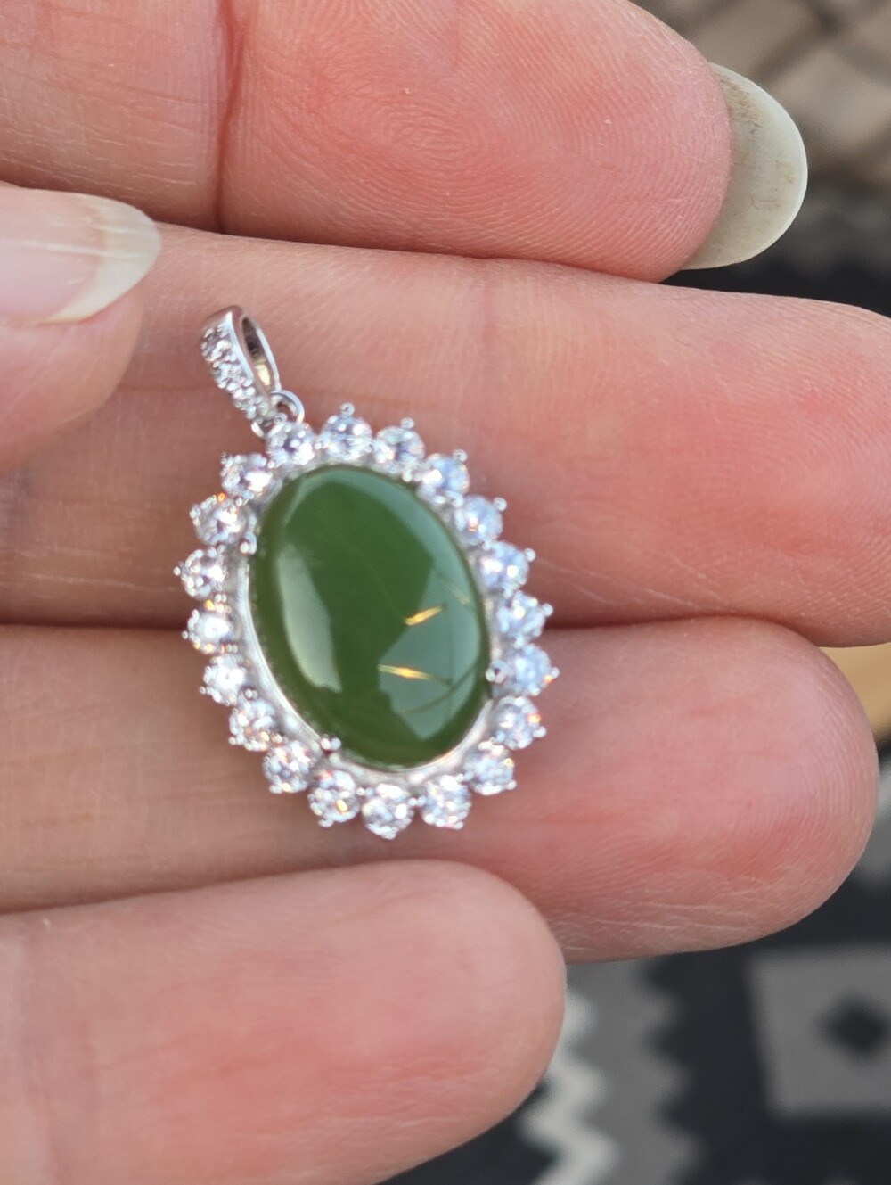 925 Sterling Silver Pendant with Natural Jade 10x15mm & Cz